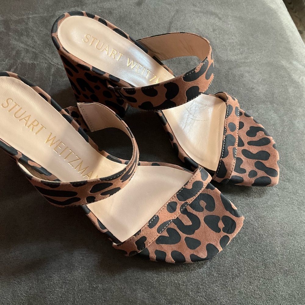 Stuart Weitzman Black and Brown Leopard Platform Sandals Heels 5.5